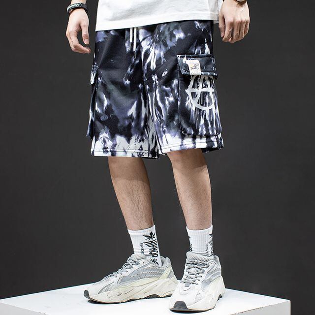 【予約販売】ハーフパンツ メンズ ストリート ブラック ホワイト タイダイ カジュアル ポケット スタイリッシュ こなれ感 お洒落 韓国 トレンド 春 秋 夏 M/L/XL/2XL