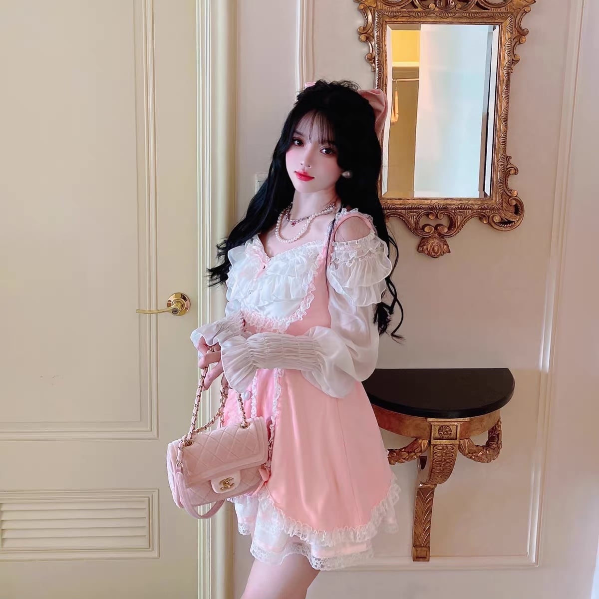 ブラウス ピンク 白 トップス オフショルダー ガーリー 姫 ロリータ