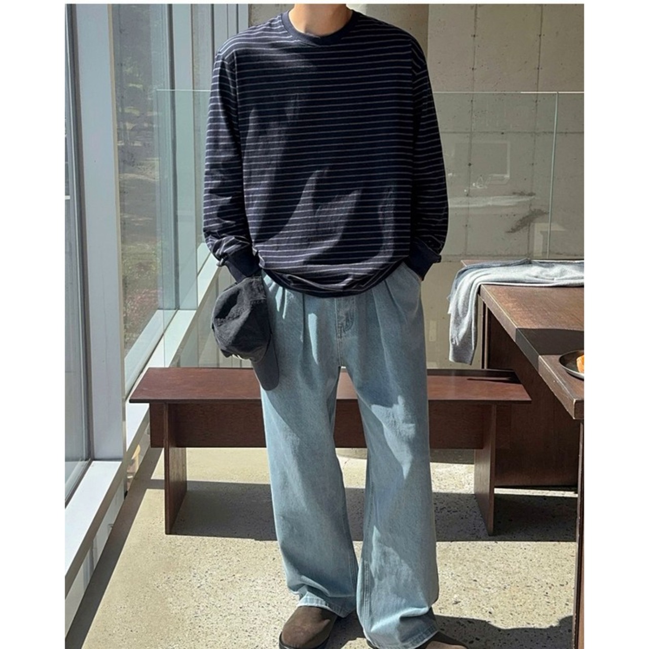 シンプルベーシック細ボーダーロングTシャツ　1324