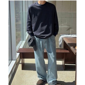 シンプルベーシック細ボーダーロングTシャツ　1324