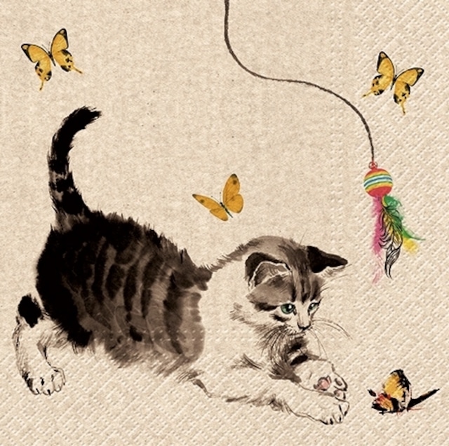 2024春夏【PAW】バラ売り2枚 ランチサイズ ペーパーナプキン Cat Playing ナチュラル
