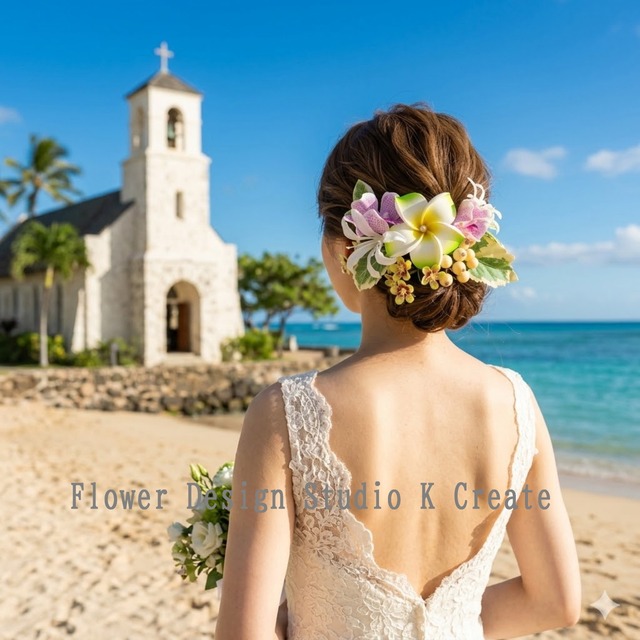 黄緑のプルメリアとオーキッドのヘッドドレス　リゾ婚　海外挙式　結婚式　ウェディング　花嫁ヘア　プルメリア　ヘッドパーツ　髪飾り　黄緑