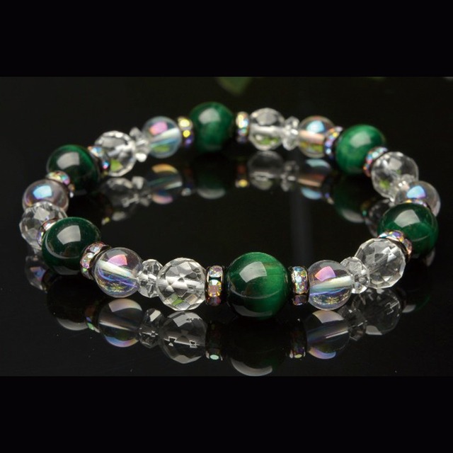 【安らぎと健康の象徴】天然石 グリーンタイガーアイ × レインボーオーラ ブレス（10mm）