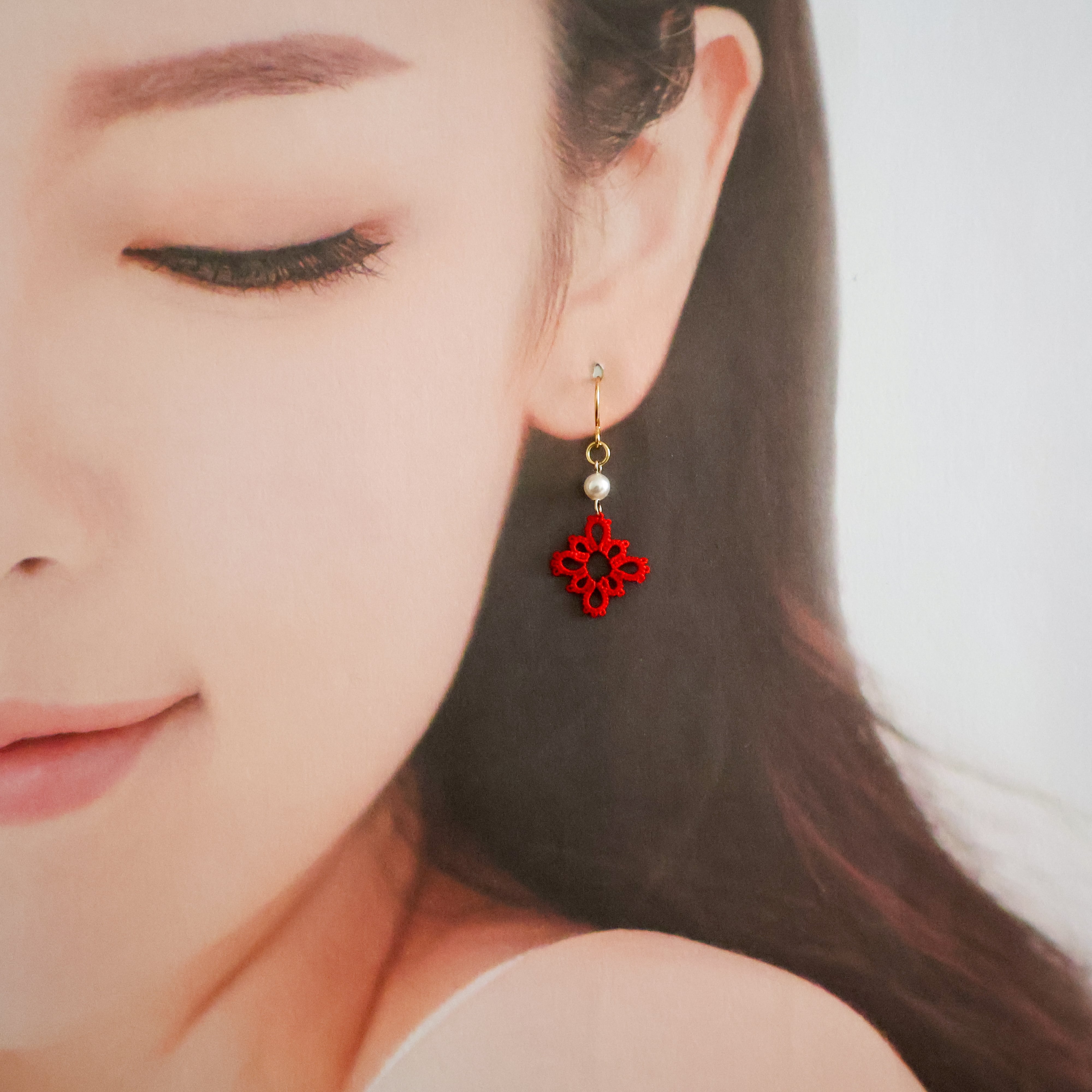 rhombus】レッド ひし形 パール アクセサリー ピアス イヤリング 金属