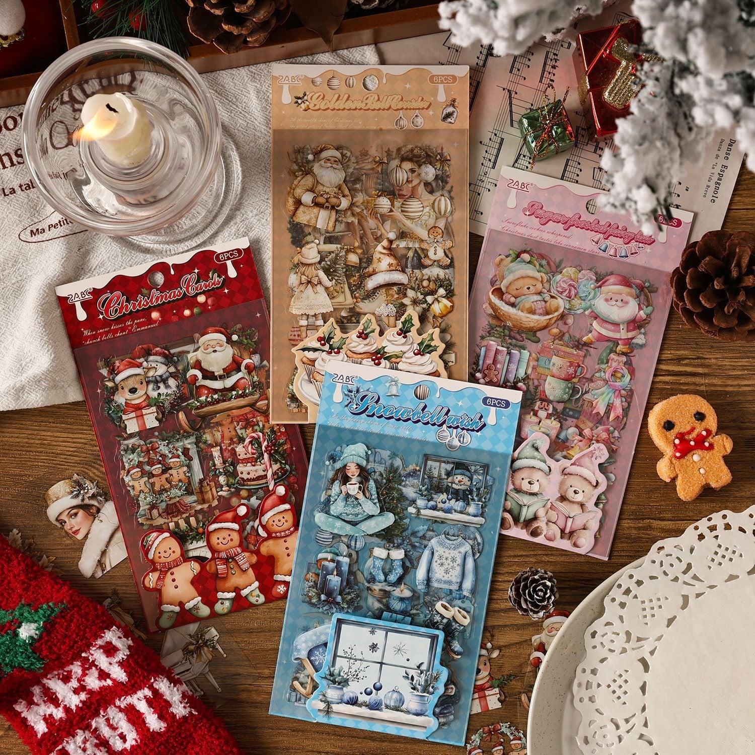 【クリスマス】シール PET素材 AB26 全4種  サンタ トナカイ ケーキ ツリー 冬 雪 動物 手帳 コラージュ素材 海外 ほぼ日