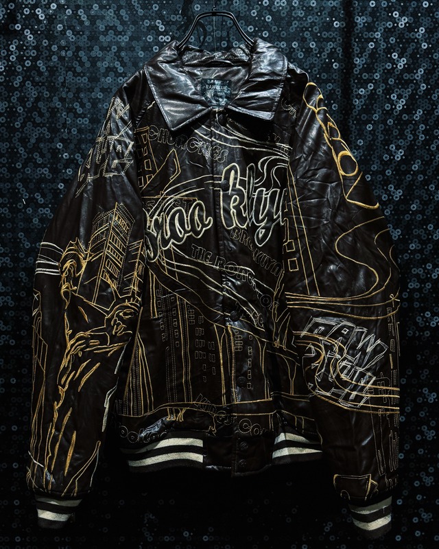 【ÆIEM】“RAW BLUE Brooklyn Cityscape” Full Leather Embroidery Stadium Jacket