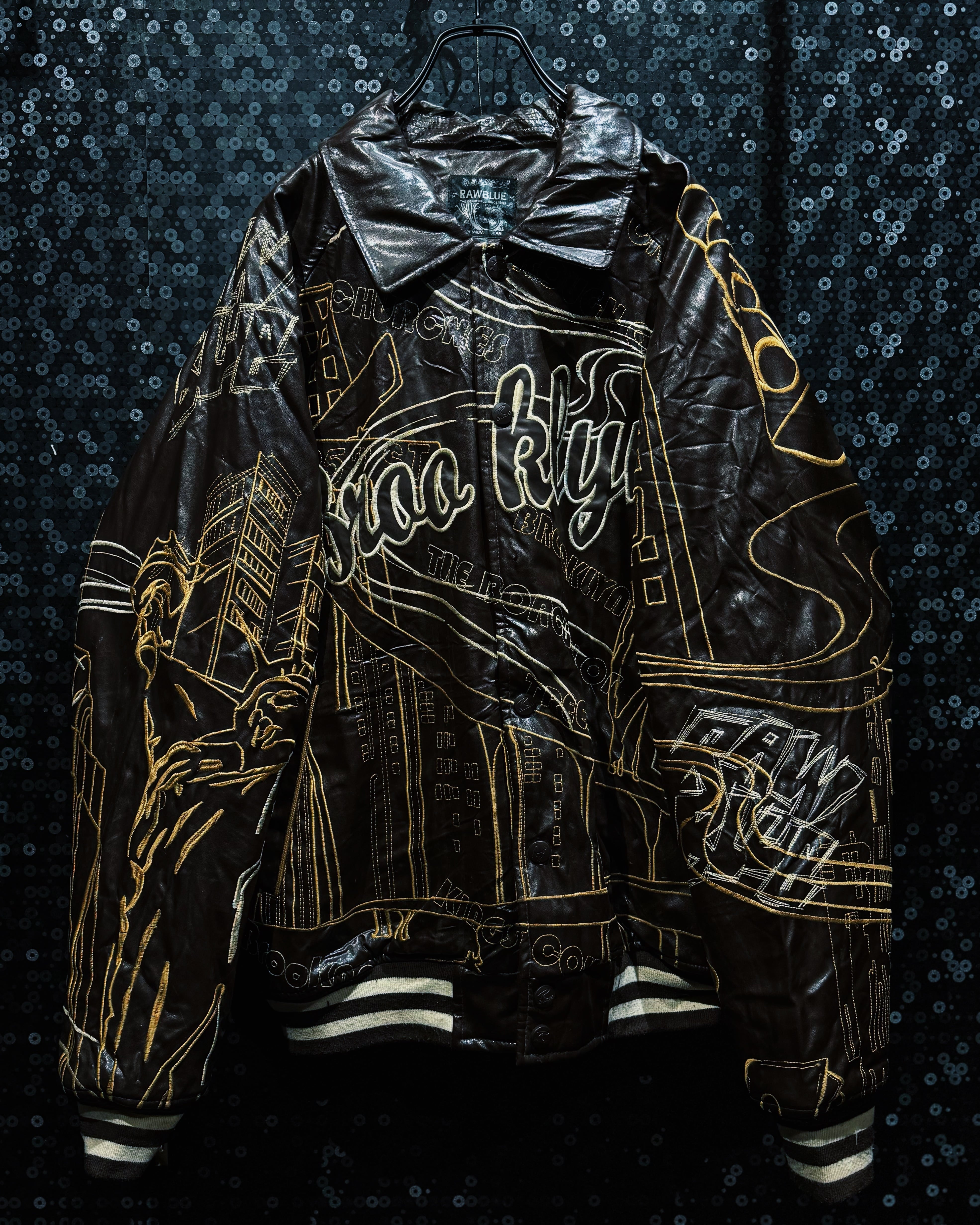 【ÆIEM】“RAW BLUE Brooklyn Cityscape” Full Leather Embroidery Stadium Jacket