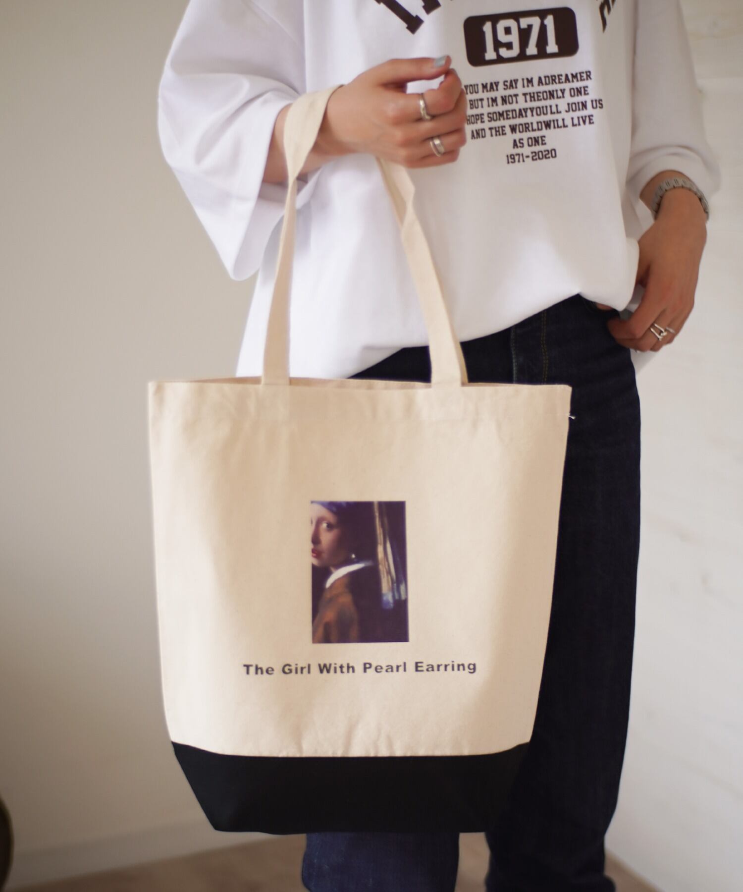 アート フォト プリント キャンバス トートバッグ / エコバッグ オフホワイト/ブラック