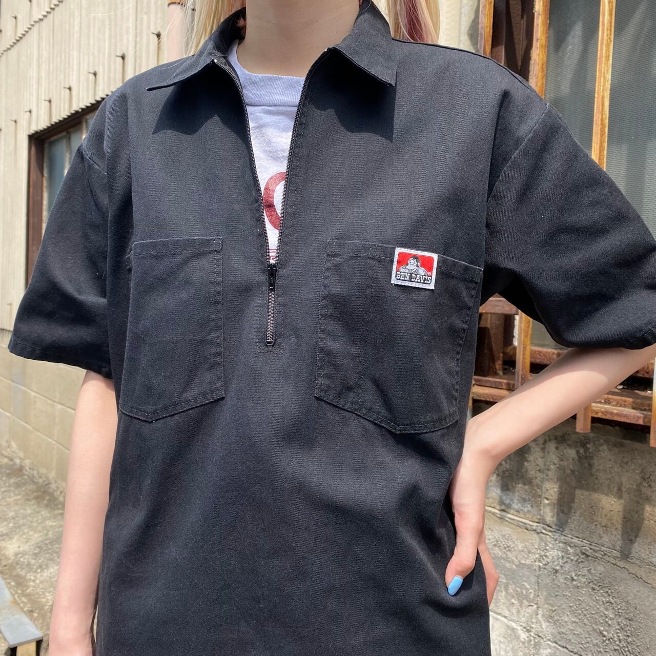 90年代 Usa製 Ben Davis ベンデイビス ワンポイントロゴ 半袖 ハーフジップ プルオーバーシャツ メンズl相当 古着 90s ビンテージ ヴィンテージ ワークシャツ ブラック 黒 半袖シャツ Ss27 Cave 古着屋 公式 古着通販サイト