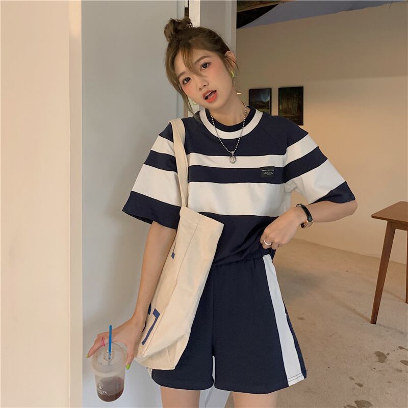 カジュアルレディースサマーレッドショーツ ストライプTシャツ トップス 夏物 ブルマー YY-ファッション81910556385