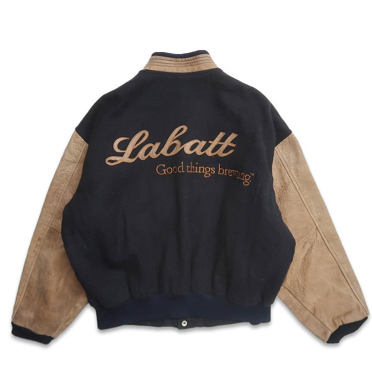 古着 Labatt カナダ ビール醸造会社 刺繍 ウール 袖レザー 切り替え