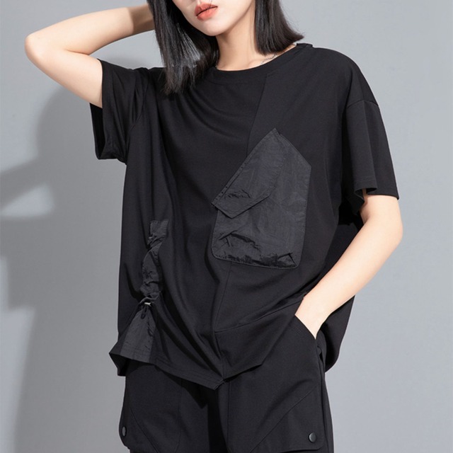 アシンメトリー巾着デザインルーズTシャツ T0417