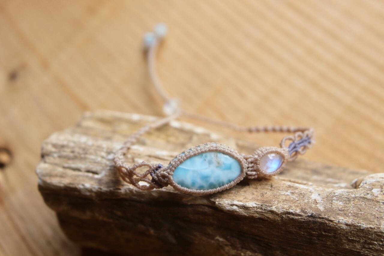 Larimar & Rainbow moonstone micro macrame bracelet
