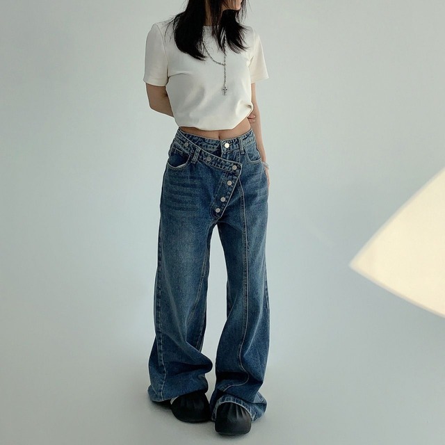 アシンメトリーボタンワイドデニム   R00890