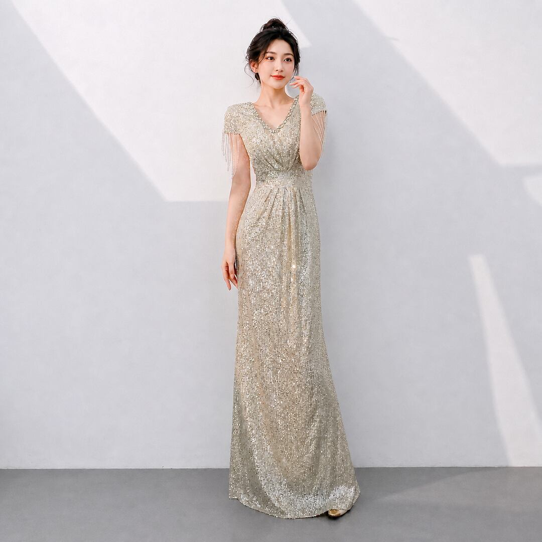 Sequin-Decorated Fringed Long Dress (4color) V3488