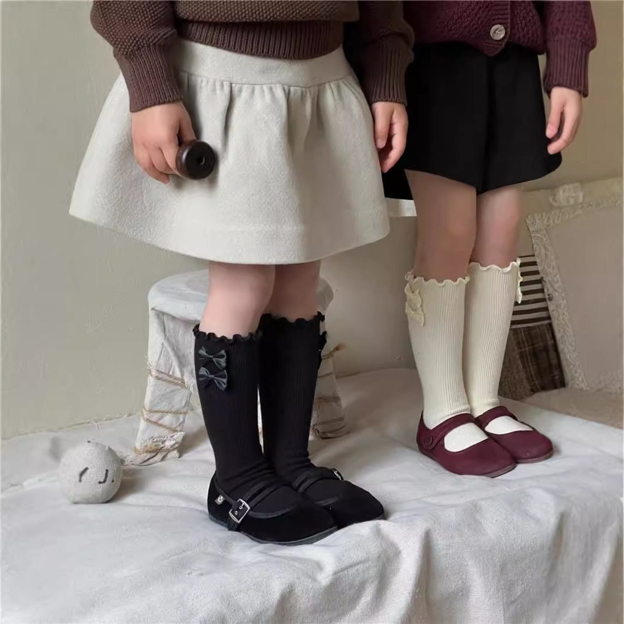 秋フリル蝶結びリプハイソックス