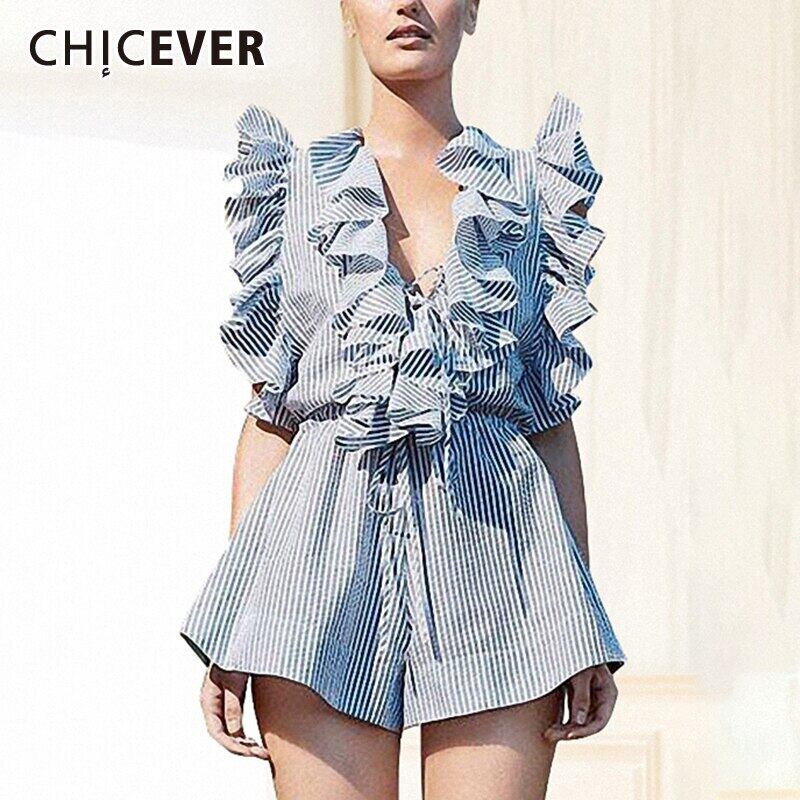CHICEVERパッチワークフリルジャンプスーツ女性Vネックノースリーブ包帯ウエストショートレッグルーズジャンプスーツスタイル ラッフル 6base535021003940