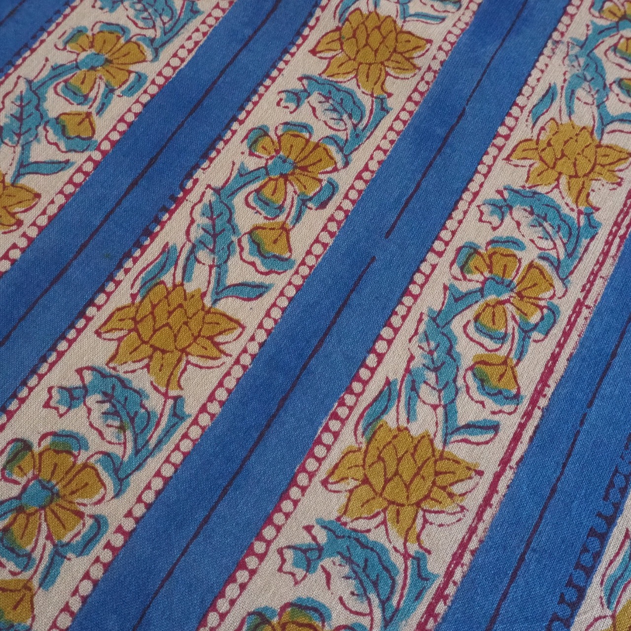 ブロックプリント生地【50cm単位】インド綿  ストライプ柄 ブルー×黄色 #52716-BL3