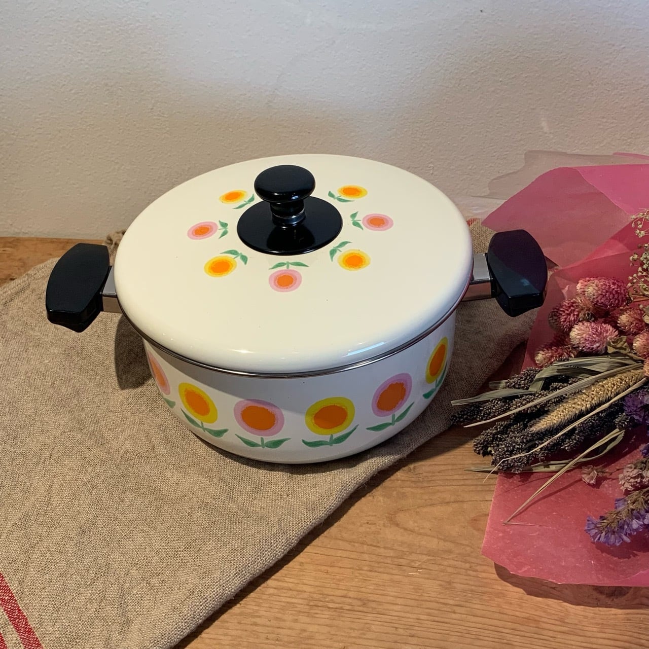 ユニホーローウェア 花柄が可愛い 北欧風プリント ホーロー両手鍋