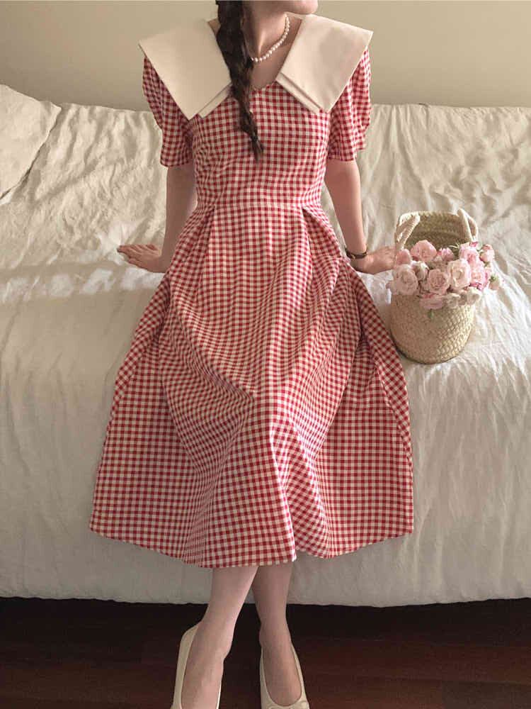 ギンガムチェックビッグカラーワンピース デートコーデ レトロ かわいい おしゃれ 襟付き 大きいサイズ 韓国 Ch5025 可愛い大きいサイズ韓国レディースファッション通販 Chulachula チュラチュラ