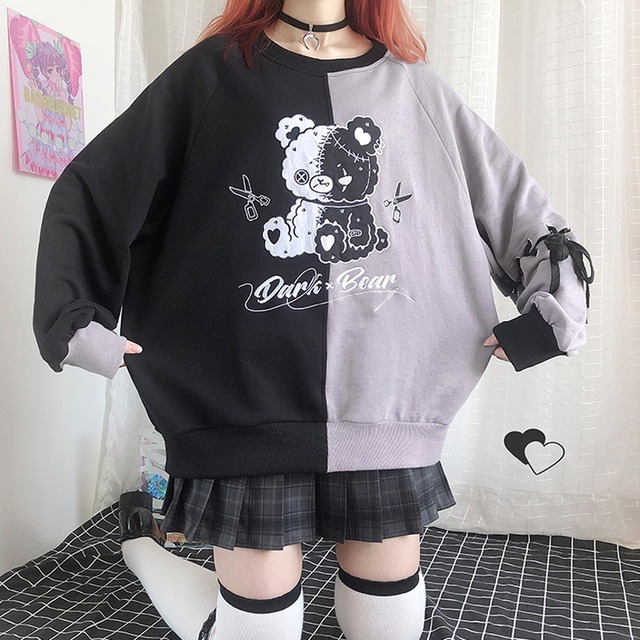 天使と悪魔 Catwish ゴスロリ系 春服 Jkスタイル トレーナー 病み可愛い クマちゃん ハサミ バイカラー 編み上げスリーブ オルチャン 10代 代 天使と悪魔 サブカル系ファッション Seasonz
