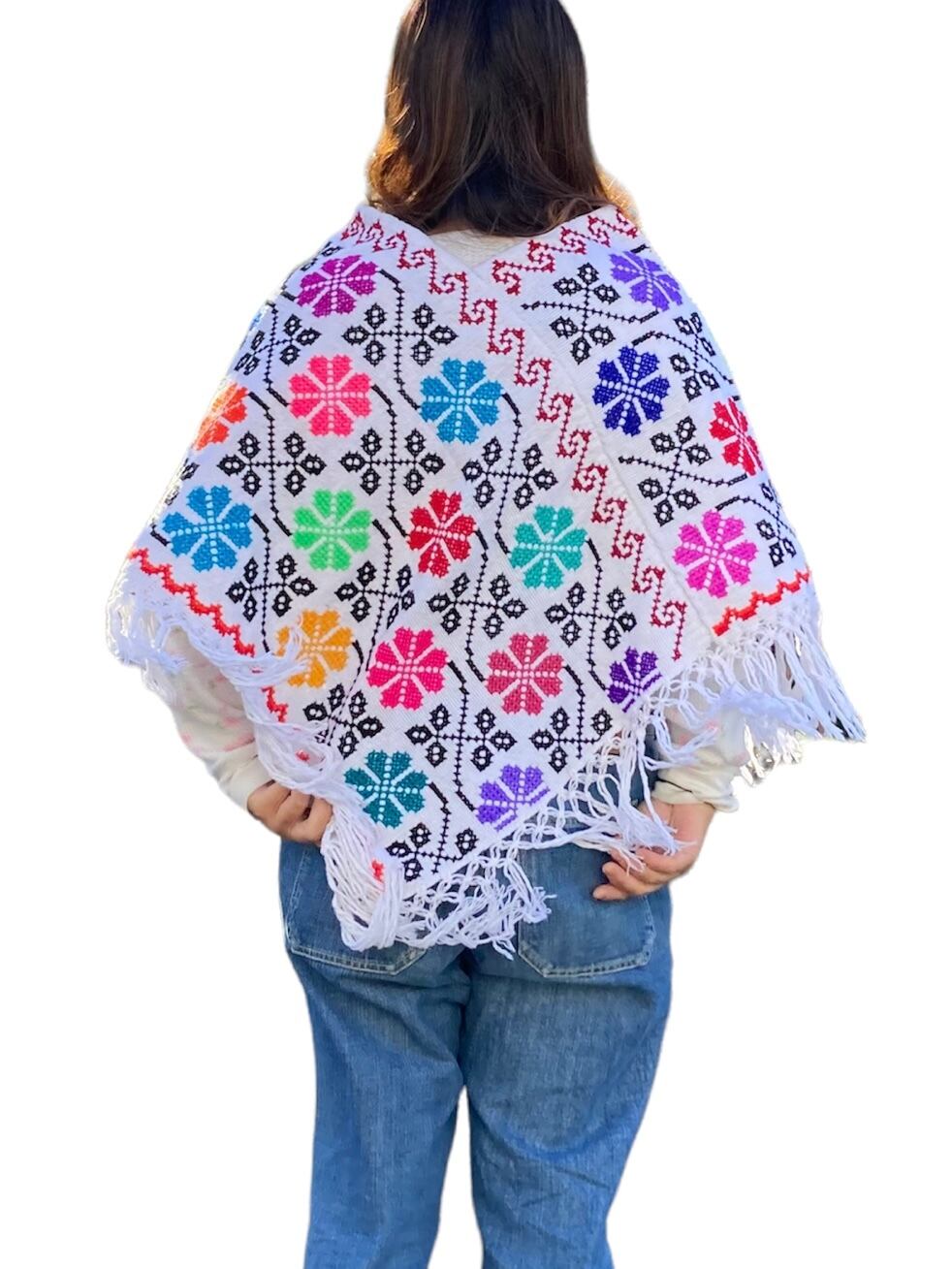 ウエヤパン クロスステッチ刺繍ポンチョ 【ホワイト × フラワー