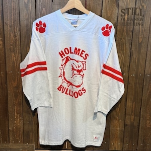 1980's～90's "HOLMES BULLDOGS" PRINT FOOT BALL T-SHIRT SINGLE STITCH MADE IN USA【サイズ表記 XL】 1980年代 ～90年代  HOLMES BULLDOGS ラバープリント フットボールTシャツ アメリカ製