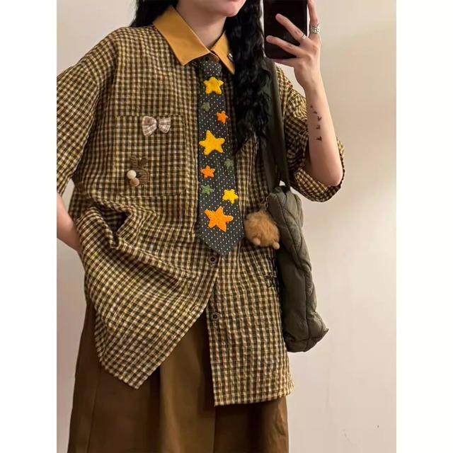 ✿レトロ学園風シャツ｜星のネクタイ付き！【UATONLINEシリーズ】★シャツ★ ネクタイ付き トップス チェック柄 男女兼用 星 メンズ カジュアル 短袖シャツ 刺繍