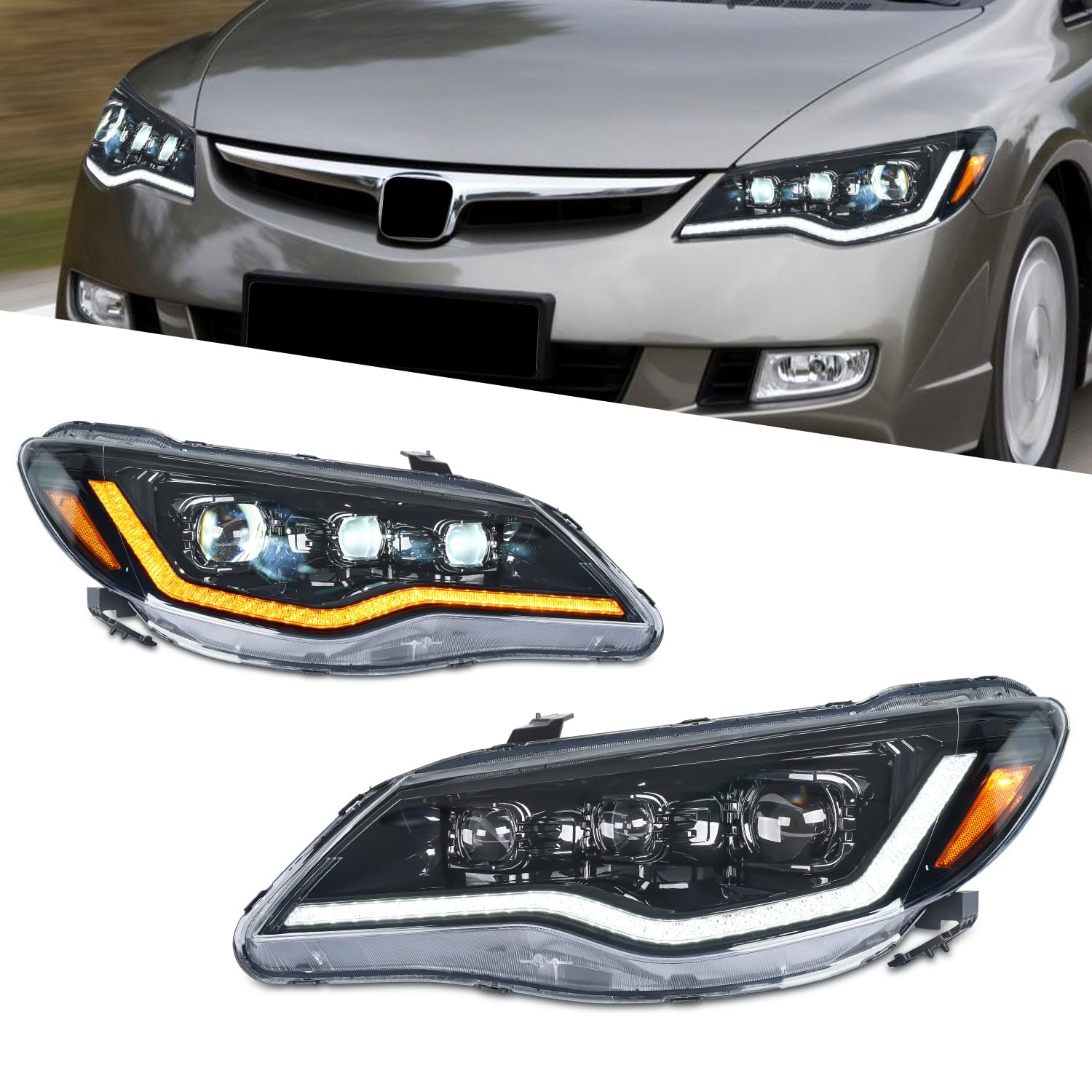 YUANZHENGホンダシビック8代目 FD2 タイプRヘッドライト FD1 FD3ポン付け ダブルプロジェクター 全LED オープニング 流れるウインカー 透明レンズ For Honda Civic Headlights 2005-2010年