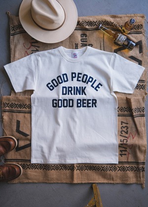 the "GOOD PEOPLE DRINK GOOD BEER" letterpress tee in natural / navy ink（受注生産）