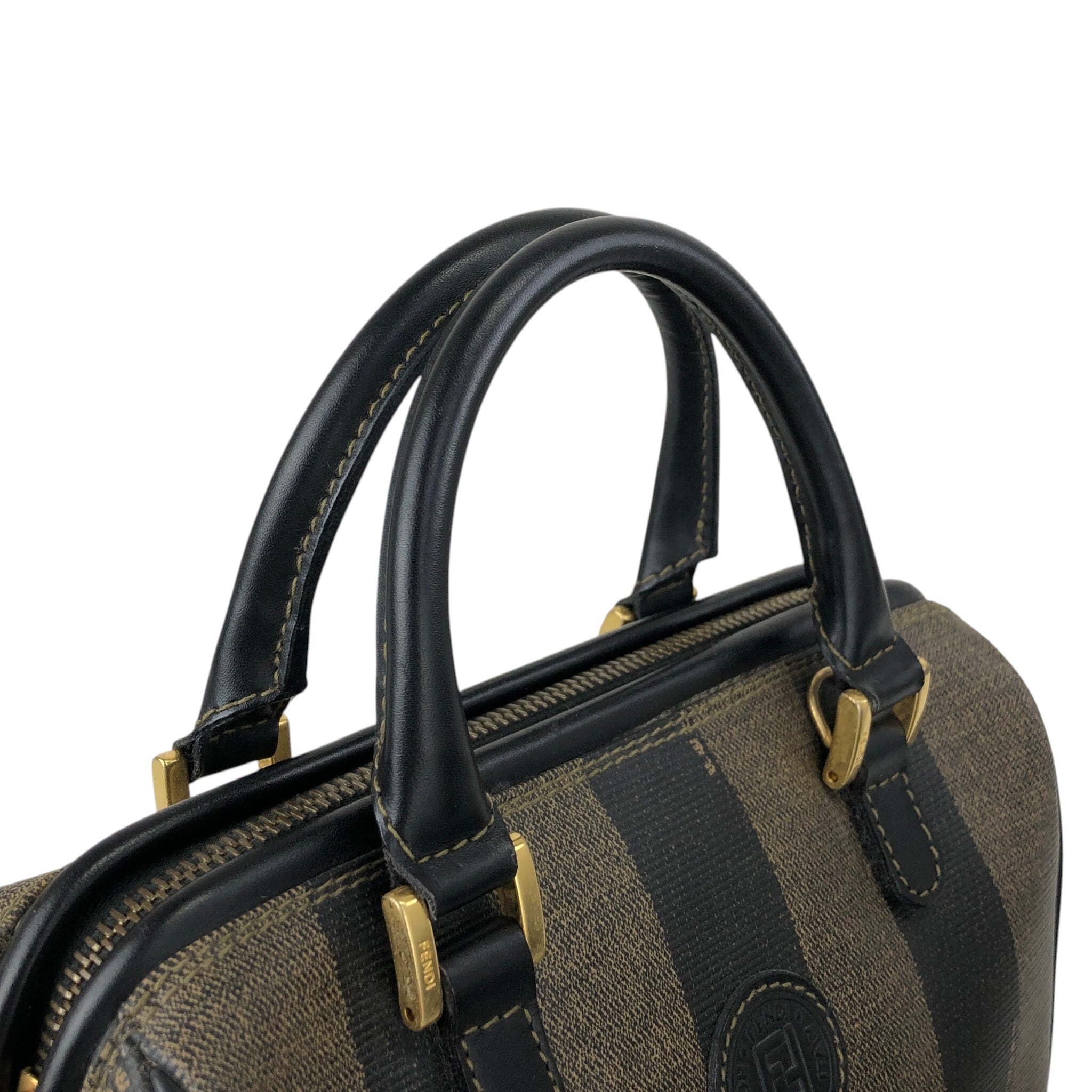 【vintage FENDI】黒 ベルベット ハンドバッグ ロゴ付き FENDI フェンディ ぺカン ハンドバッグ ブラウン FFロゴ PVC vintage