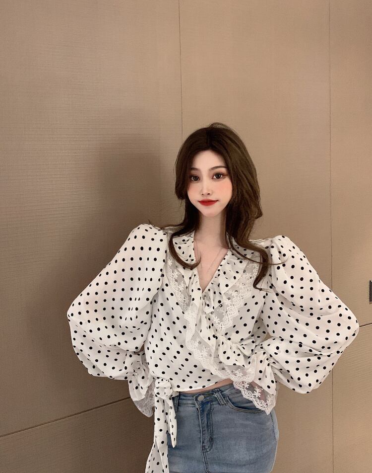 水玉シャツ ショートスタイルスリーブ長袖スプリングオータムレースシフォンスリムトップス ロング 春物 秋物 ブラックストロベリース41131076723