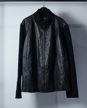 【Caka BLACK】Leather Switching Vintage Zip Up Knit Jacket