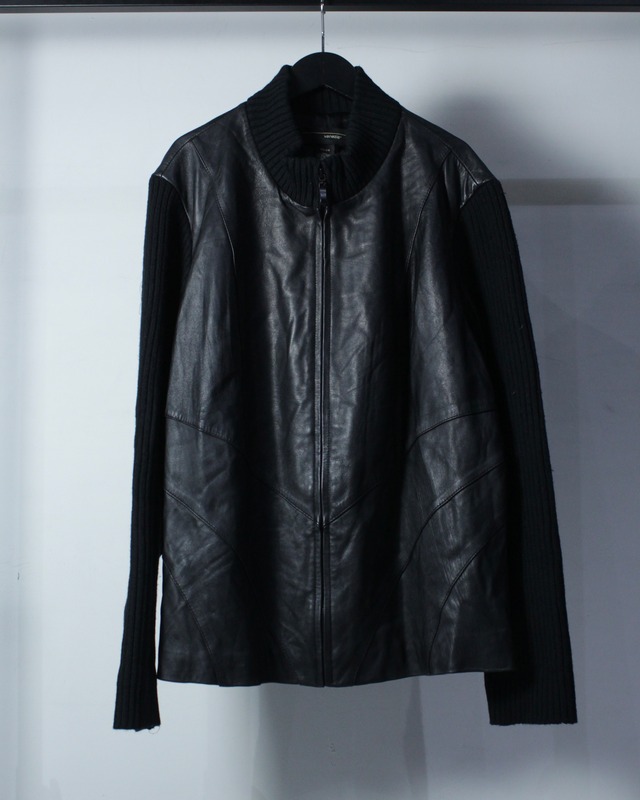 【Caka BLACK】Leather Switching Vintage Zip Up Knit Jacket