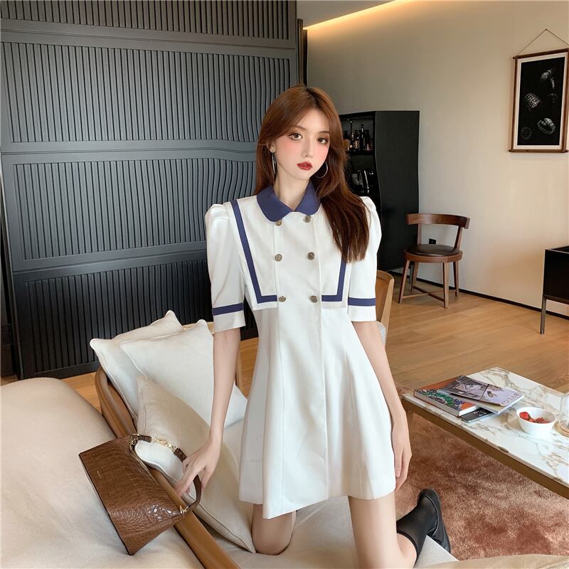 スタイルのコントラストカラーのネイビーカラーのドレスの女性の夏の気質ウエスト痩身ショートスカート2020新しいスカート ブラックストロベリース36016078010