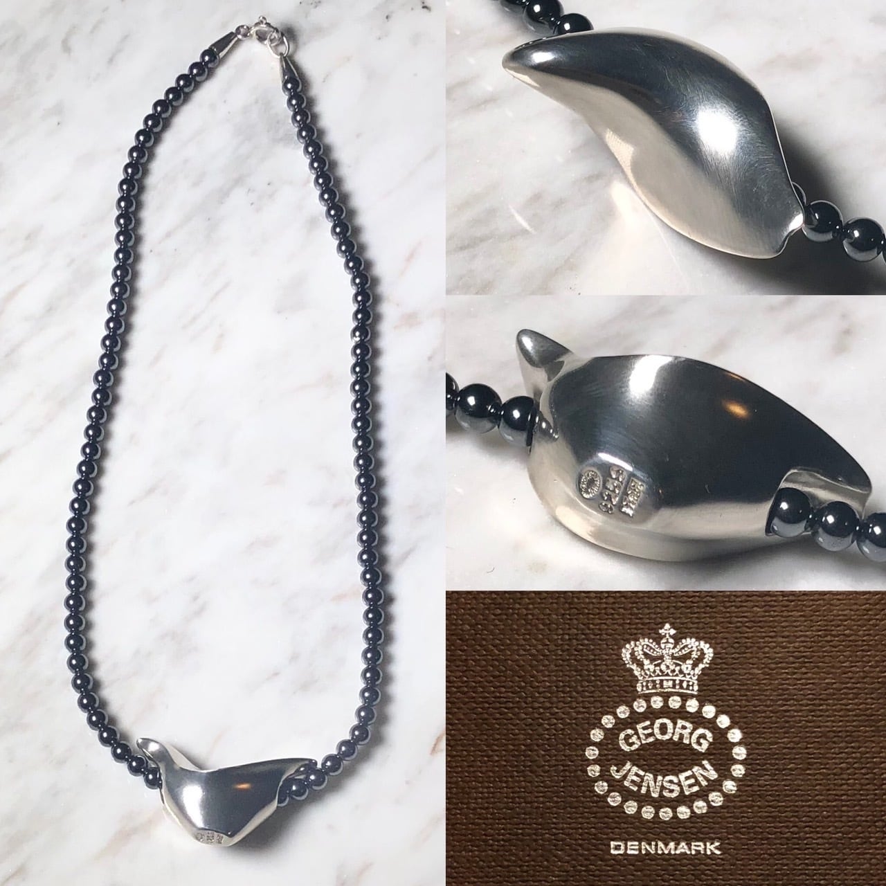 GEORG JENSEN silver bird pendant on hematite beads necklace  