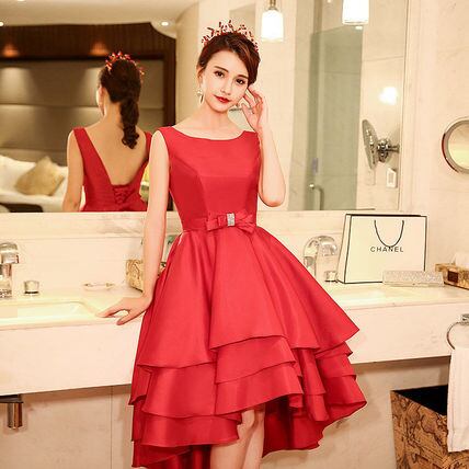 三段フリル 赤パーティードレス 結婚式 二次会 発表会 演奏会 | Pay ID