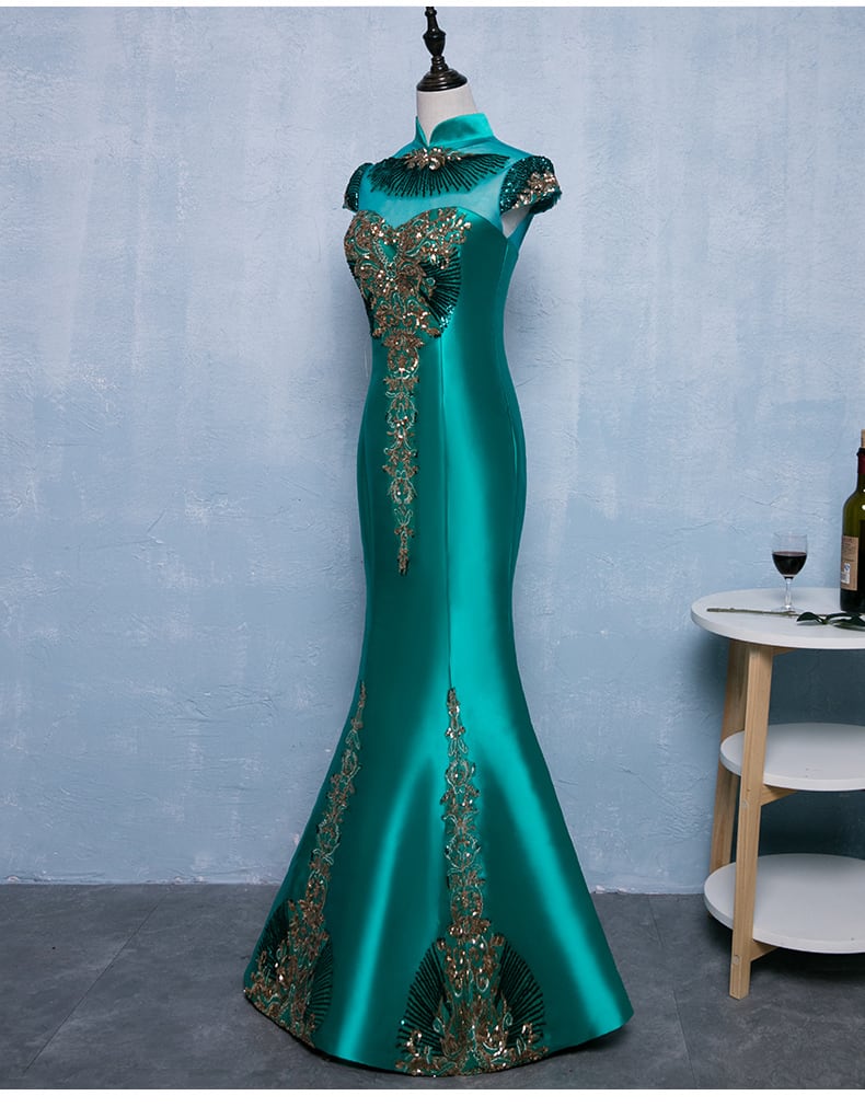 【フォロー割あり❗❗】グリーン ビーズ装飾 サテン ロングドレス S-M cf3fbe0dbae876f6b8e85634a69952