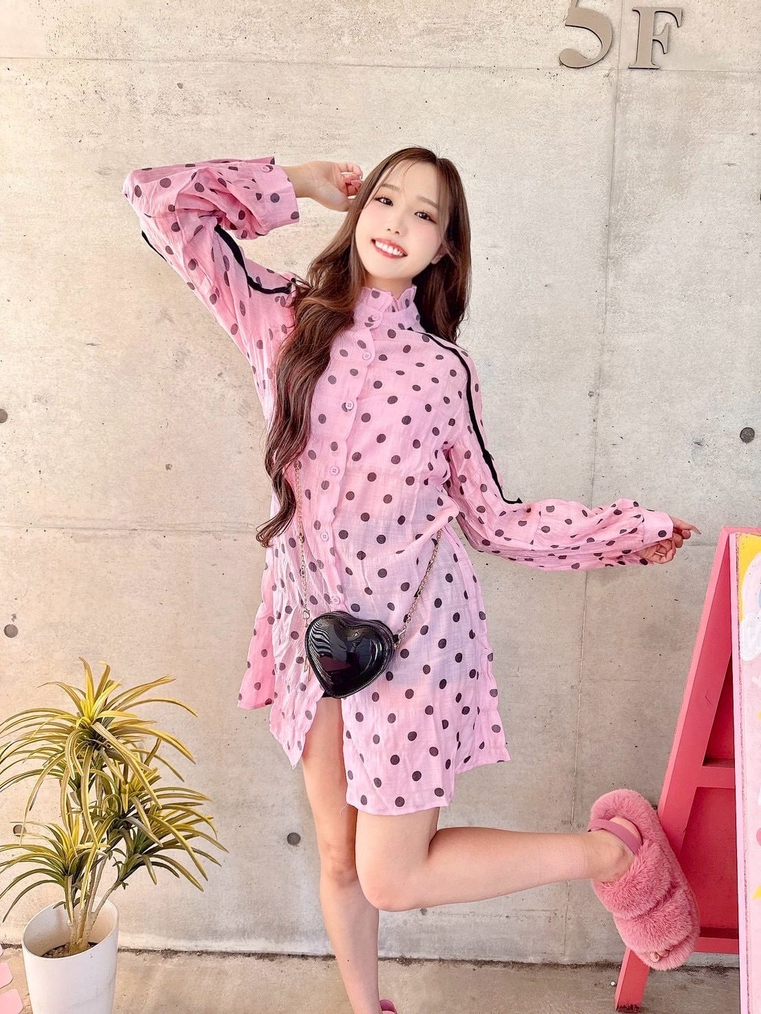 Pink♡ドットシャツワンピース/韓国/レディースファッション/可愛い