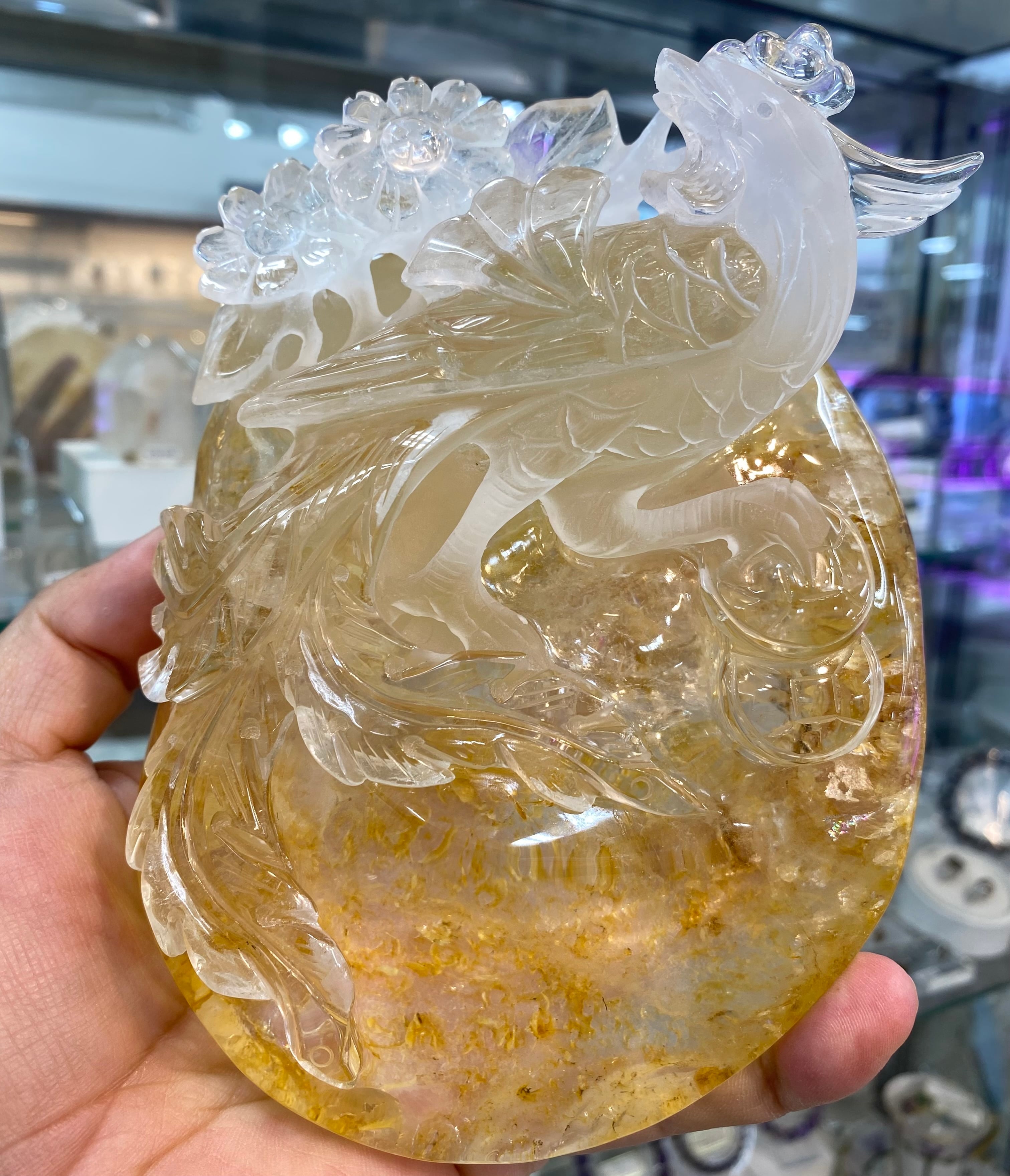 厳選 水晶鳳凰 透かし彫り水晶鳳凰 虹入り！ライモナイト入り水晶鳳凰