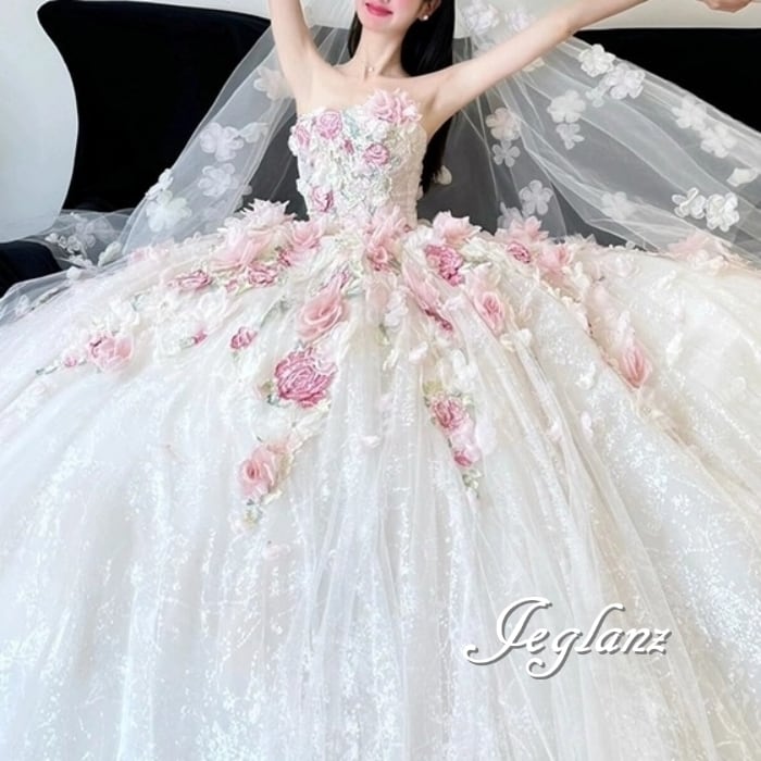 豪華 3点セット 立体フラワー ベアトップ ベール ペチコート ♪(MB432)ζ