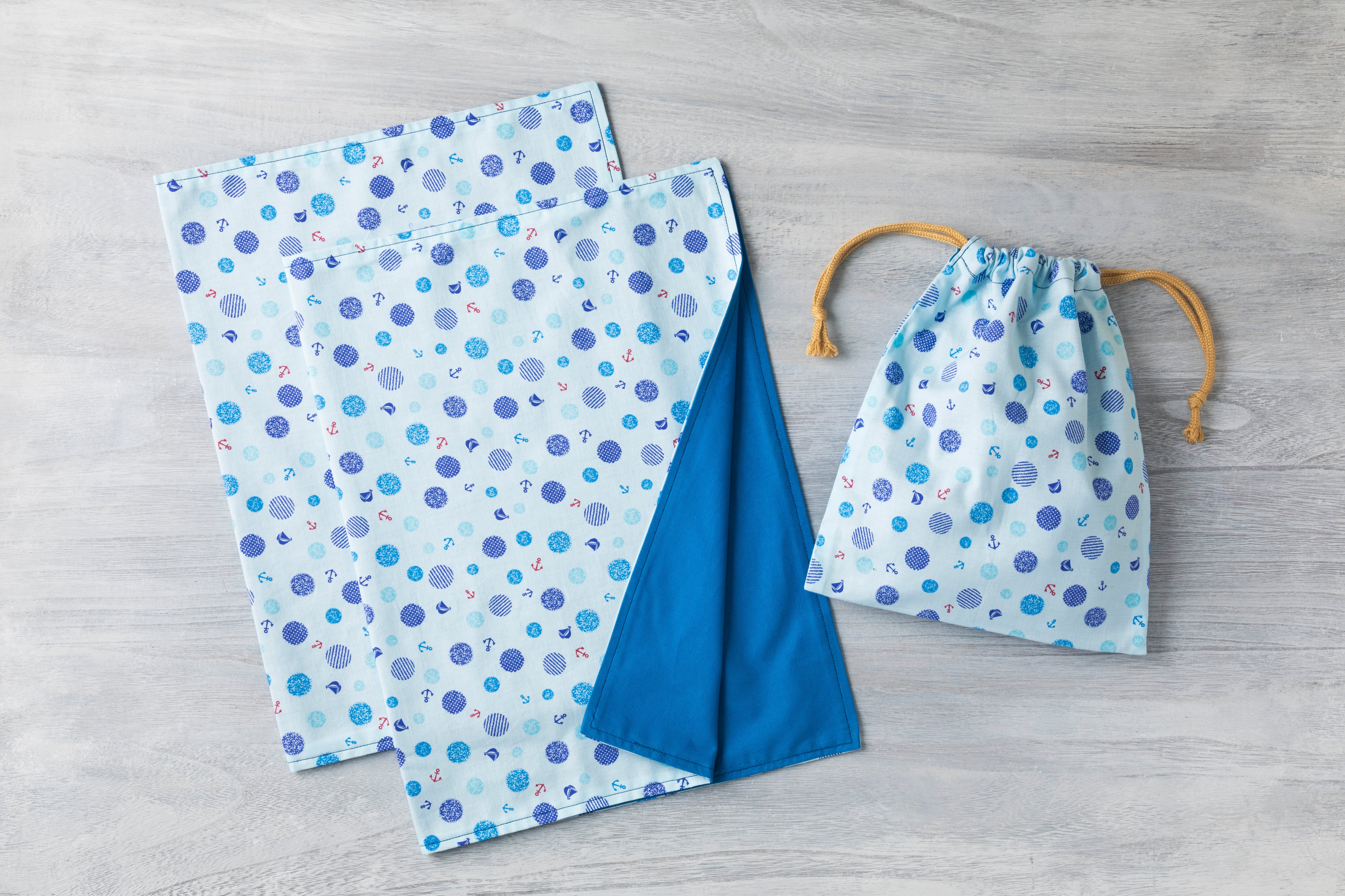 【60×40㎝】給食用ランチマット2枚&巾着セット マリン柄 ブルー