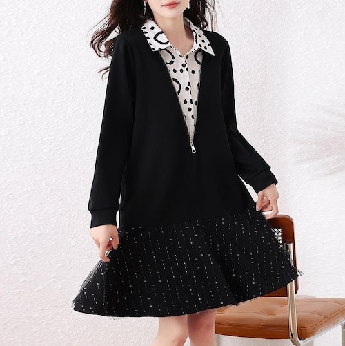 【新品】春秋冬 大きいサイズ 重ね着風 ワンピース 黒 シャツ 長袖