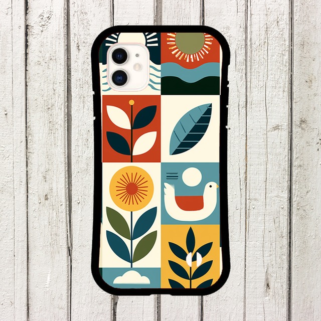 受注生産 iPhoneケース チェックパネルと花の民芸柄｜花モチーフ FMSY050C