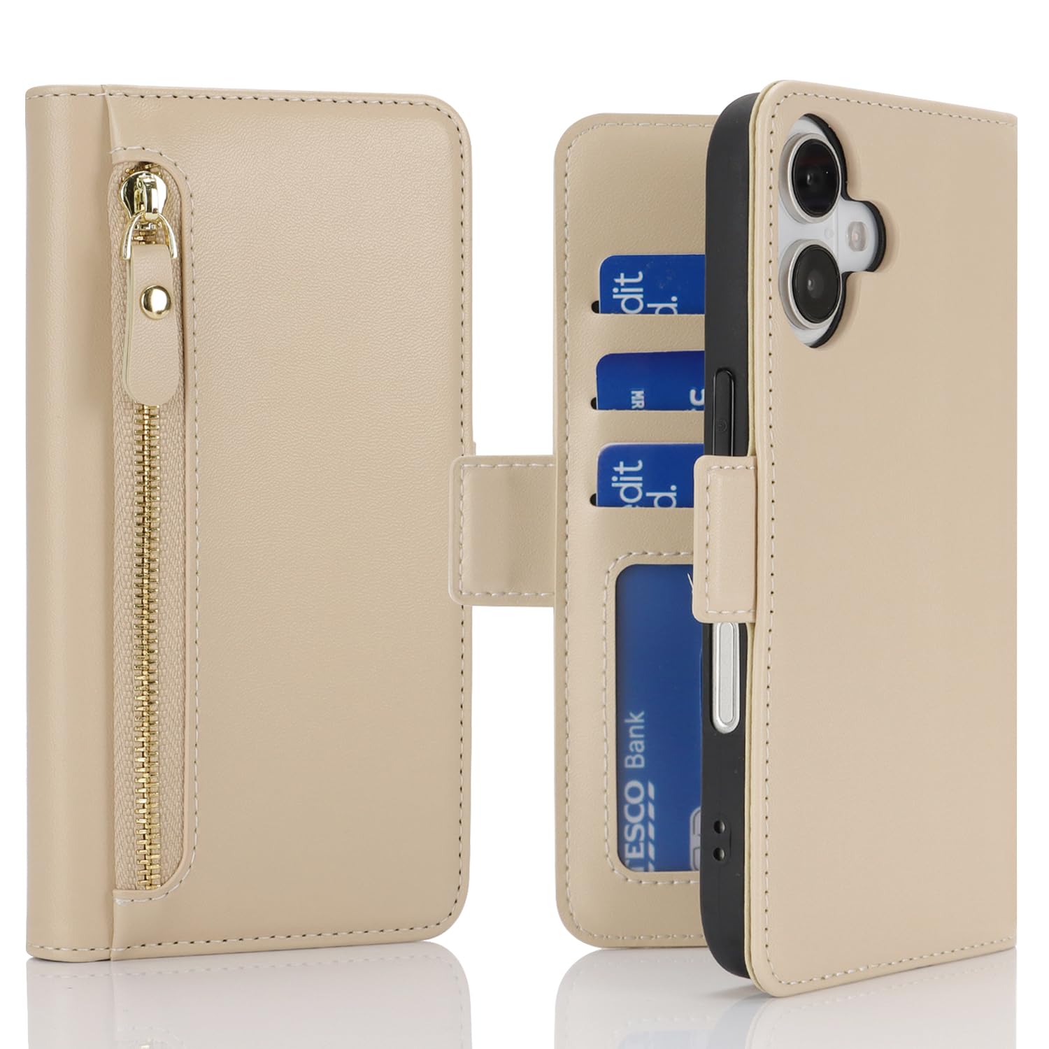 Havaya 対応 iPhone 16 Plus ケース iPhone16プラス ケース 手帳型 カバー ファスナー 大容量 小銭入れ 耐衝撃 カード収納 スタンド機能 フェイクレザー-ベージュ