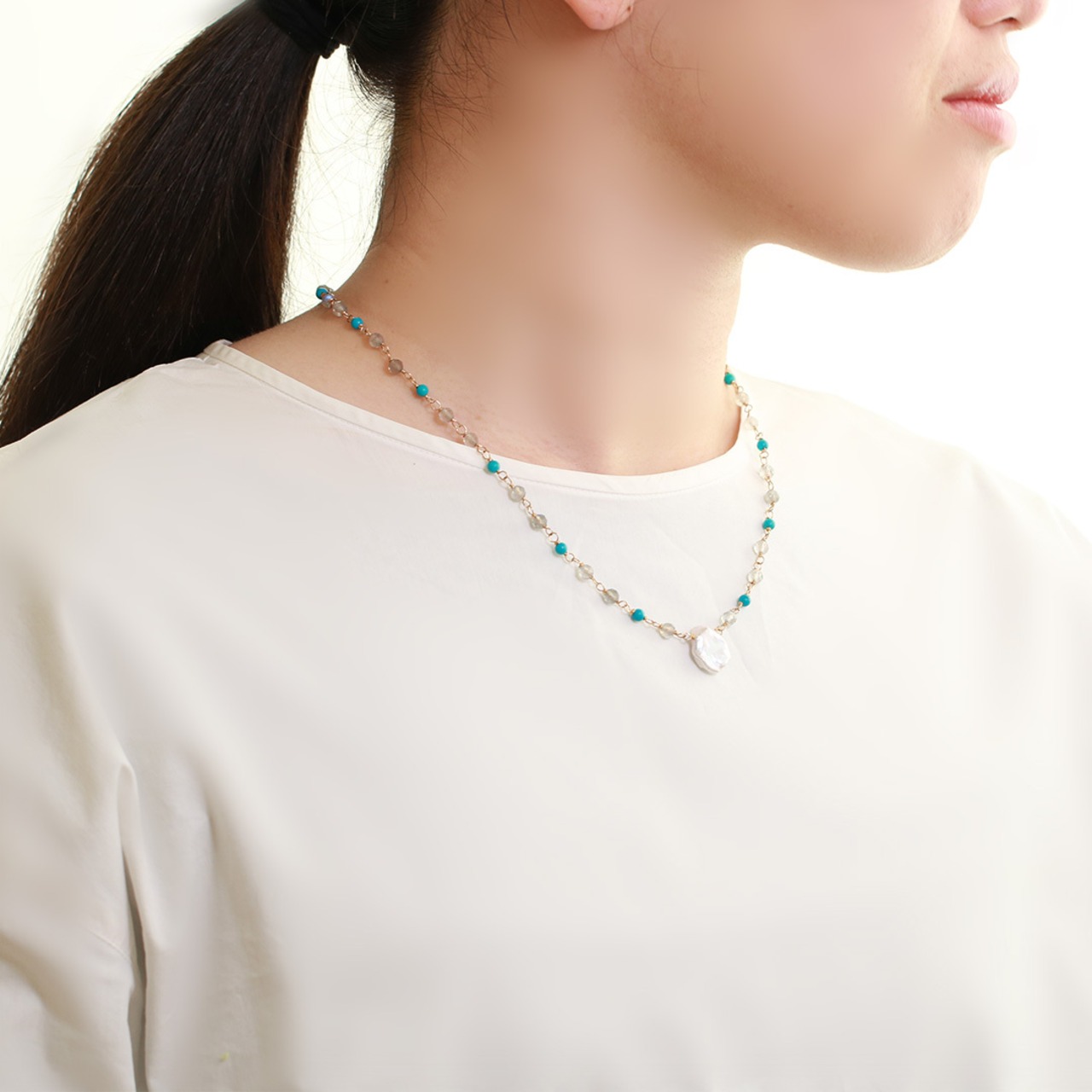 ターコイズがポイント！ パールトップ ターコイズxラブラド メガネ留め ネックレス ne1012