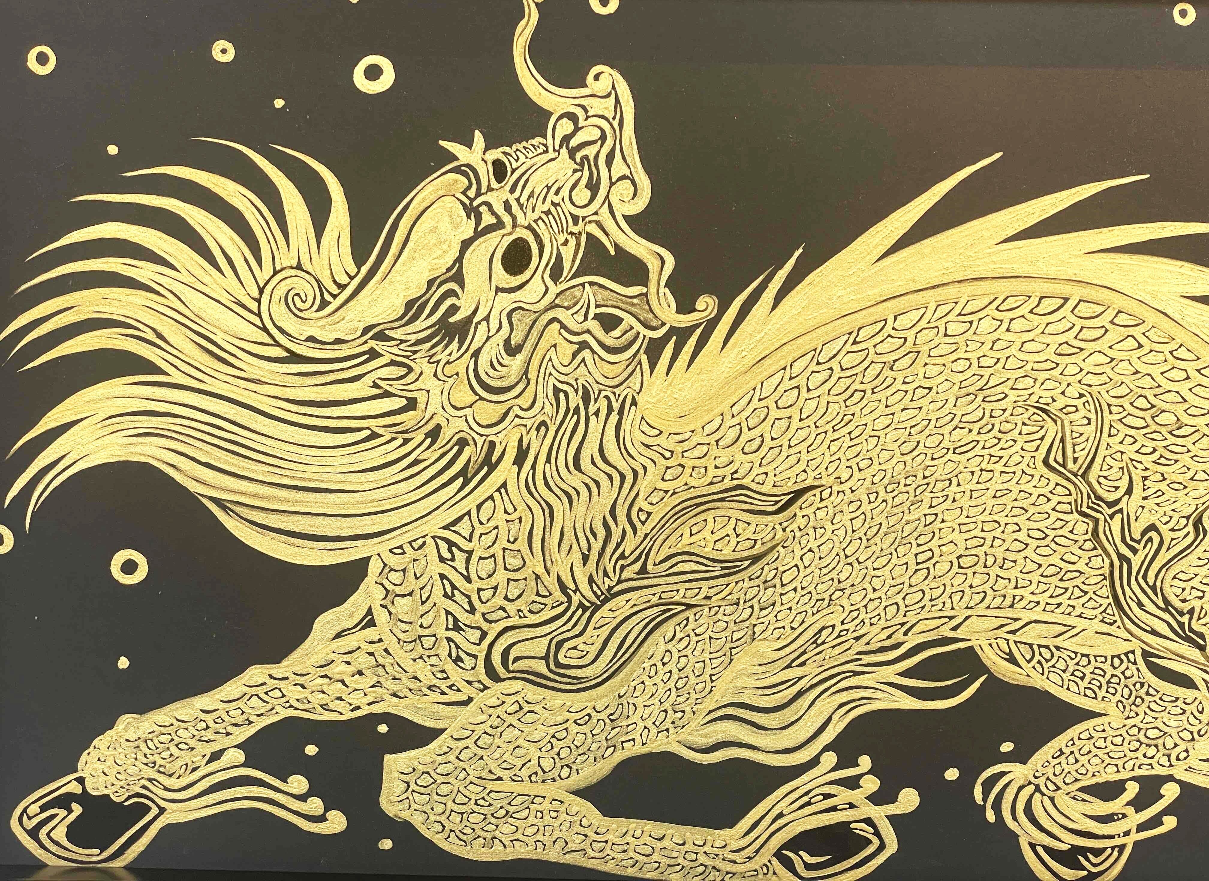 現代水墨画家 絵師白道 「中央神の麒麟」（岩根の具） 直筆作品 証明書