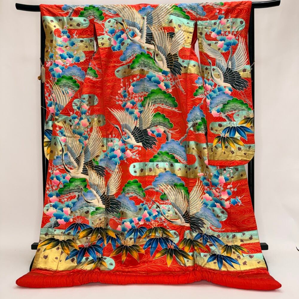 色打掛 正絹 鶴 刺繍 赤 打掛 花嫁衣裳 ポリエステル リサイクル 中古 ブライダル ウエディング 着物 6117