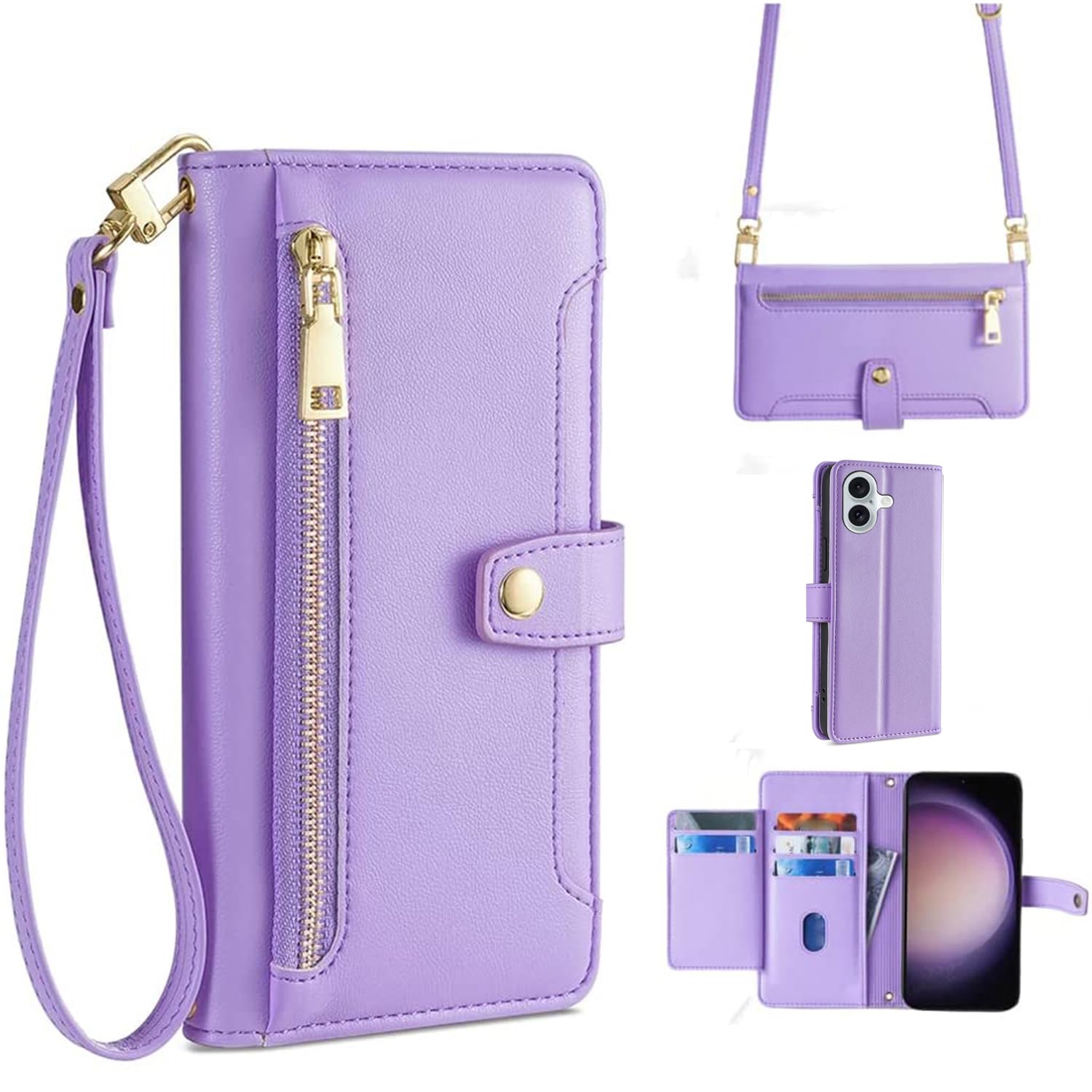 FOR iphone ケース 16 手帳型 ショルダー FOR アイフォン16 斜めがけ 手帳 ケース 財布型 【 ストラップ 長+短 2本】お財布付 肩がけ 首掛け ファスナー型 長さ調整可能 スタンド機能 パープル