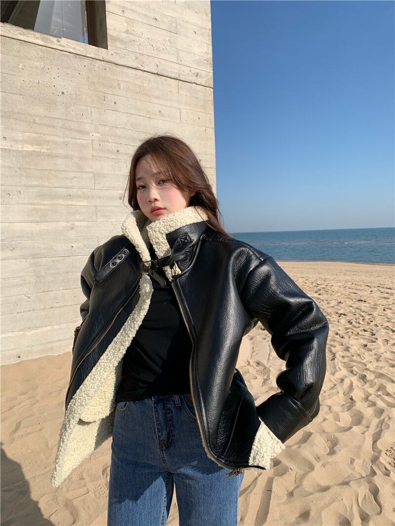 レザージャケット ベルベットファーブラックオータムウィンタースタイル 秋物 冬物 ブラックストロベリース35196282753